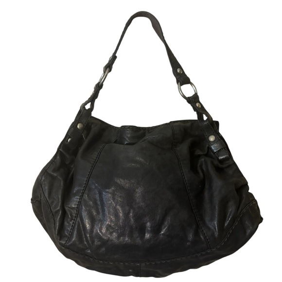 Lucky Brand Hobo Bag Black Italian Leather Silver-tone Hardware Top Zip Boho - Picture 2 of 16